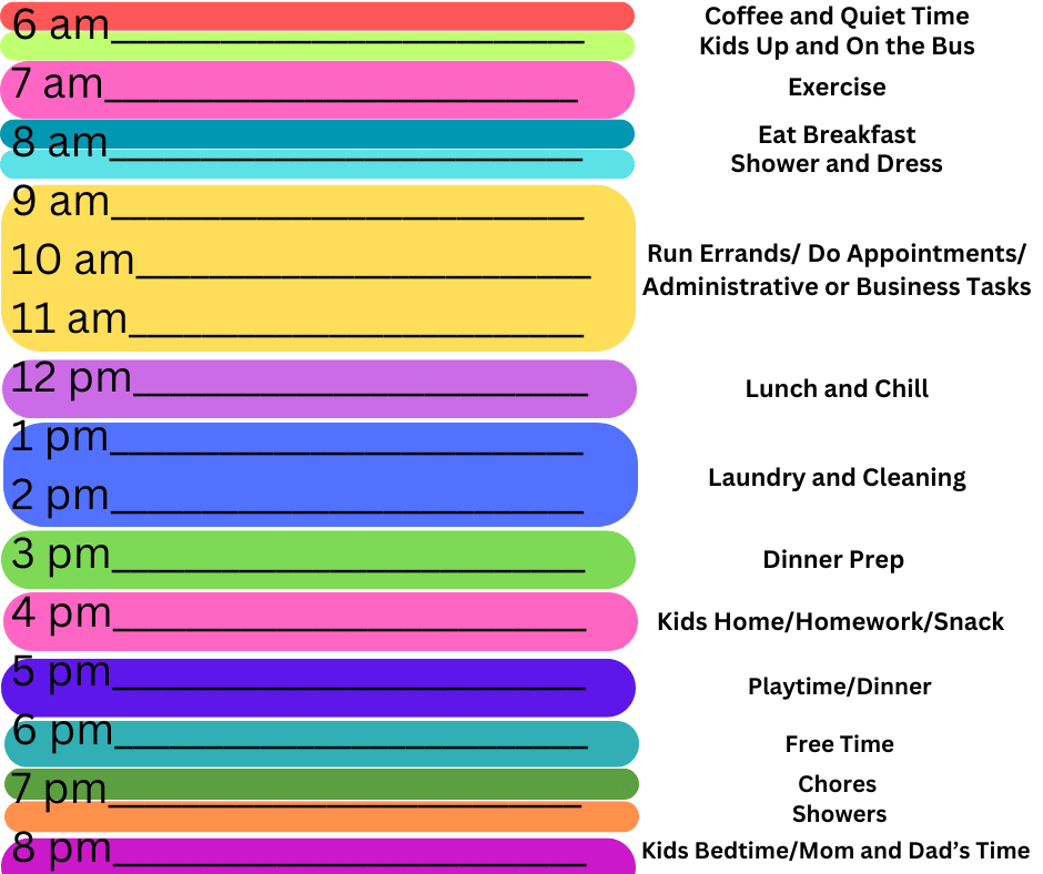 a busy schedule for an ADHD and overwhelmed mom where times are blocked out with different colors for different tasks