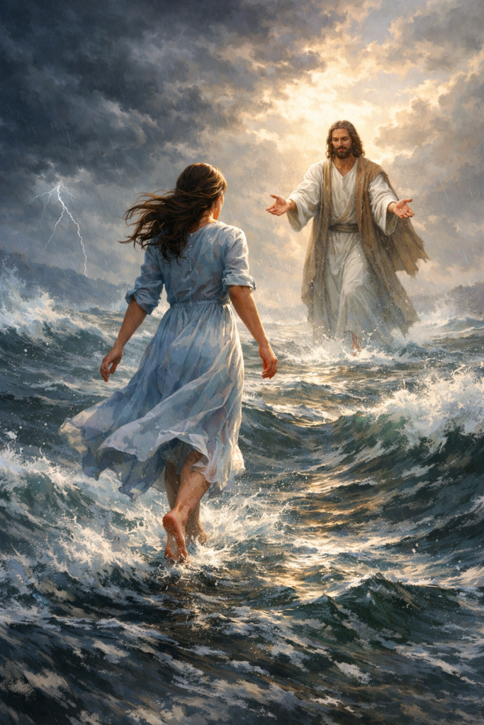 Woman walking across stormy water toward Jesus, living God’s wa